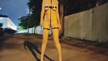 The stripper shows her perfect body on the street at night.